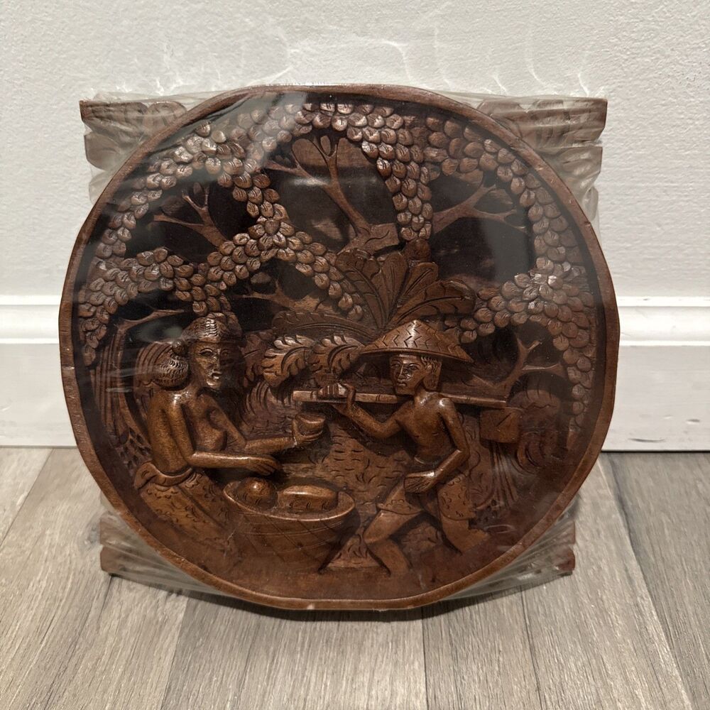Carved wooden panel, Thai origin, man and woman 7.5in X 8in